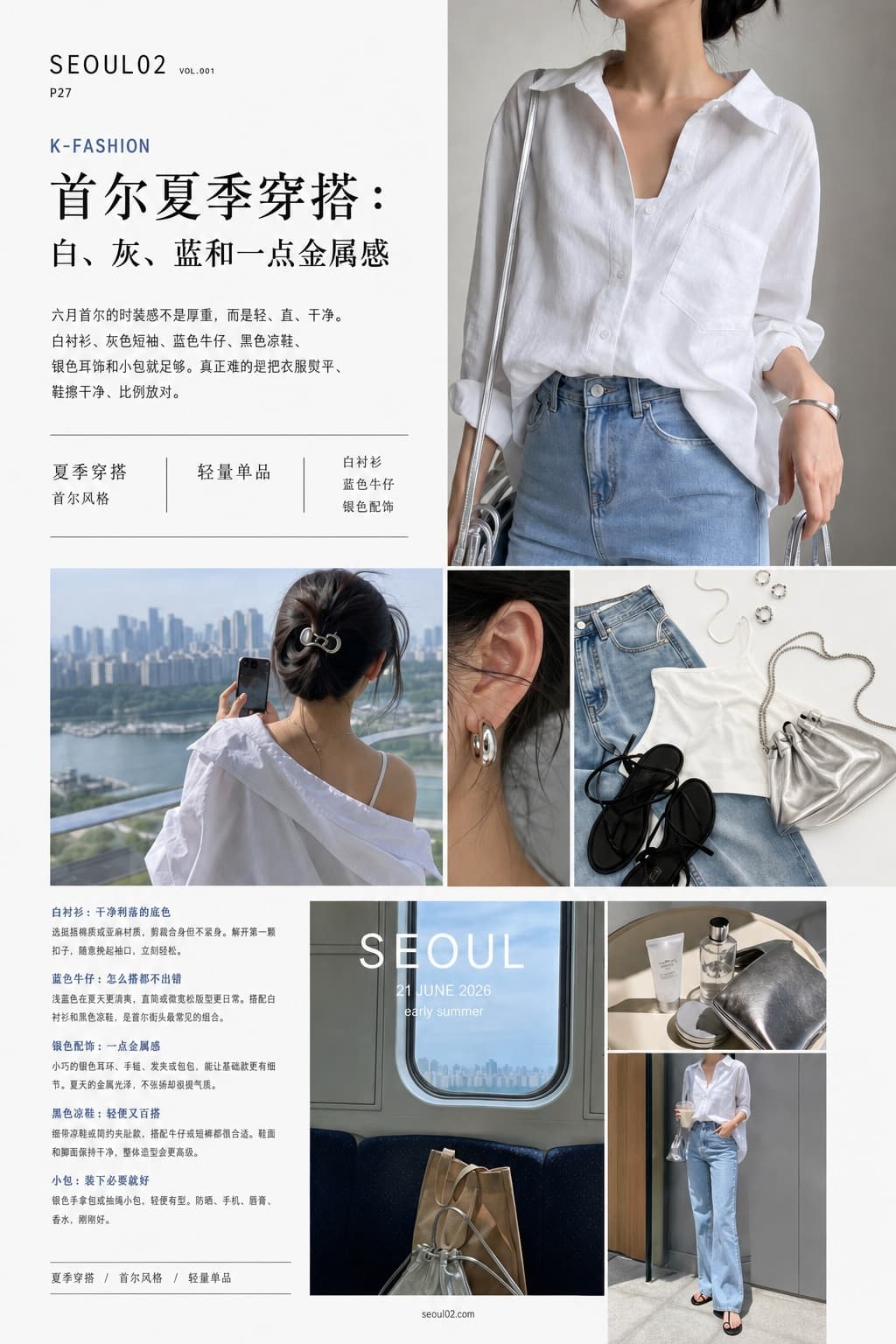 首尔02 韩国初夏特辑 P27 首尔夏季穿搭:白、灰、蓝和一点金属感